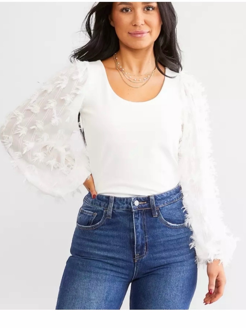 Textured Puff Balloon Sleeve Long Sleeve Top in White